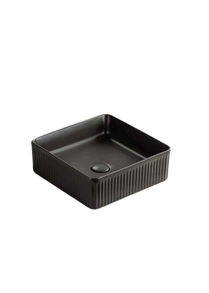 400*400*130mm Matte Black Crete Flueted Fine Ceramic Above Counter Basin No Overflow 32mm Waste