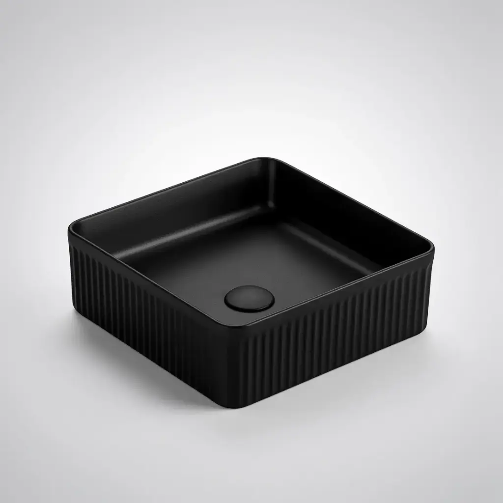 [55427] 400*400*130mm Matte Black Crete Flueted Fine Ceramic Above Counter Basin No Overflow 32mm Waste