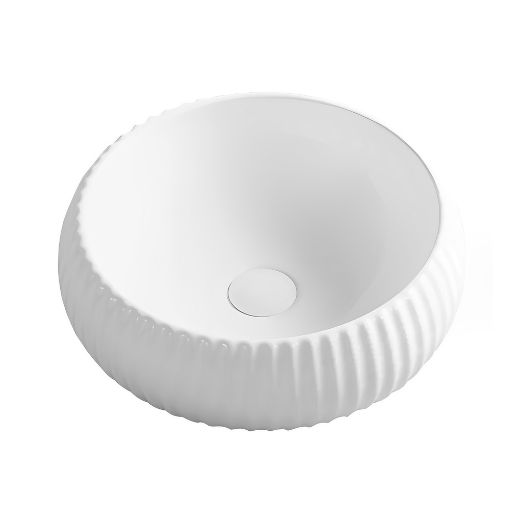[55487] 410*410*130mm Gloss White Oran Fine Ceramic Fluted Art Basin No Overflow,32mm Waste
