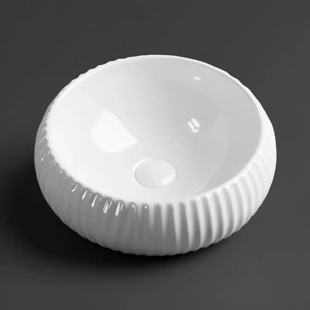 [55487] 410*410*130mm Gloss White Oran Fine Ceramic Fluted Art Basin No Overflow,32mm Waste