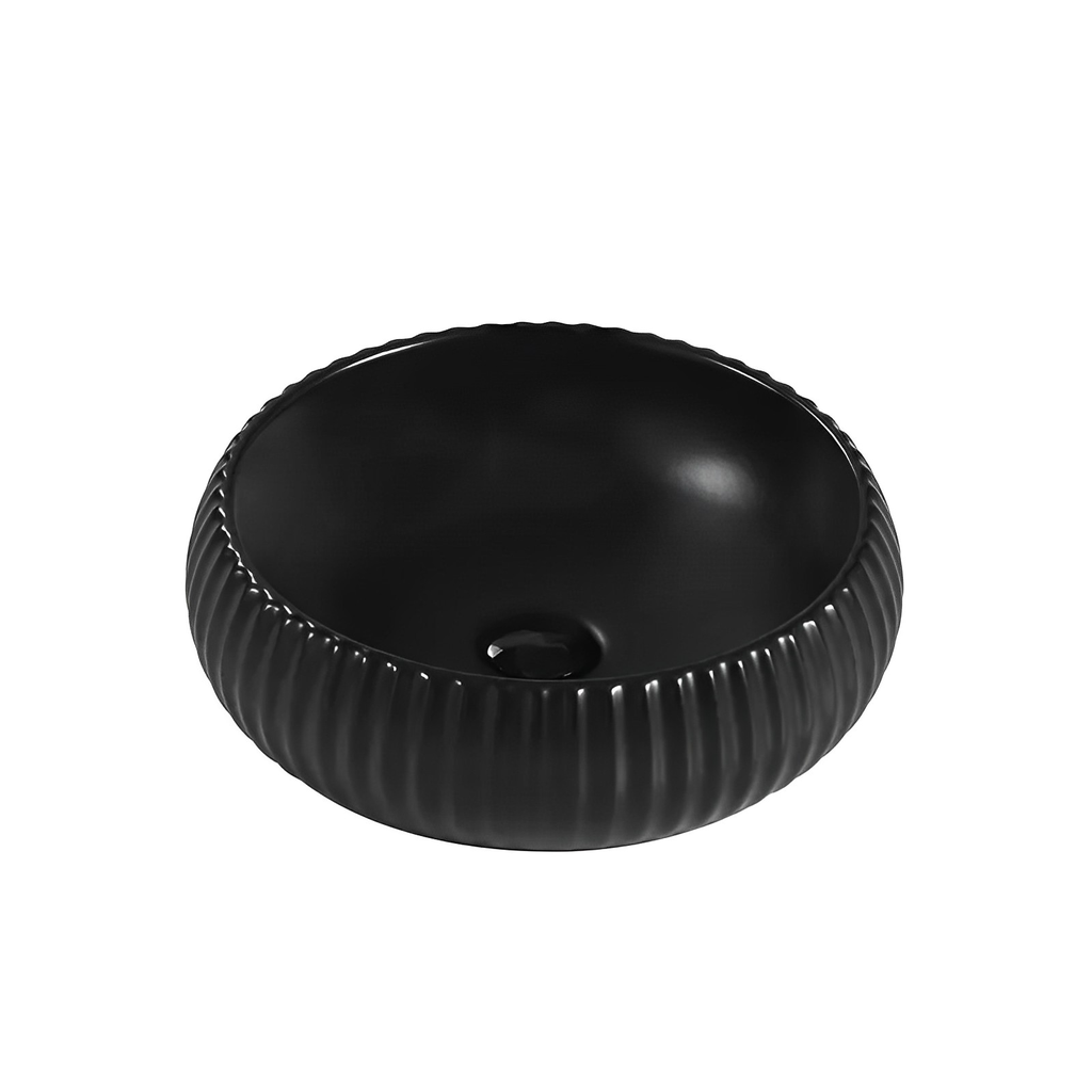 [55488] 410*410*130mm Matte Black Oran Fine Ceramic Fluted Art Basin No Overflow,32mm Waste