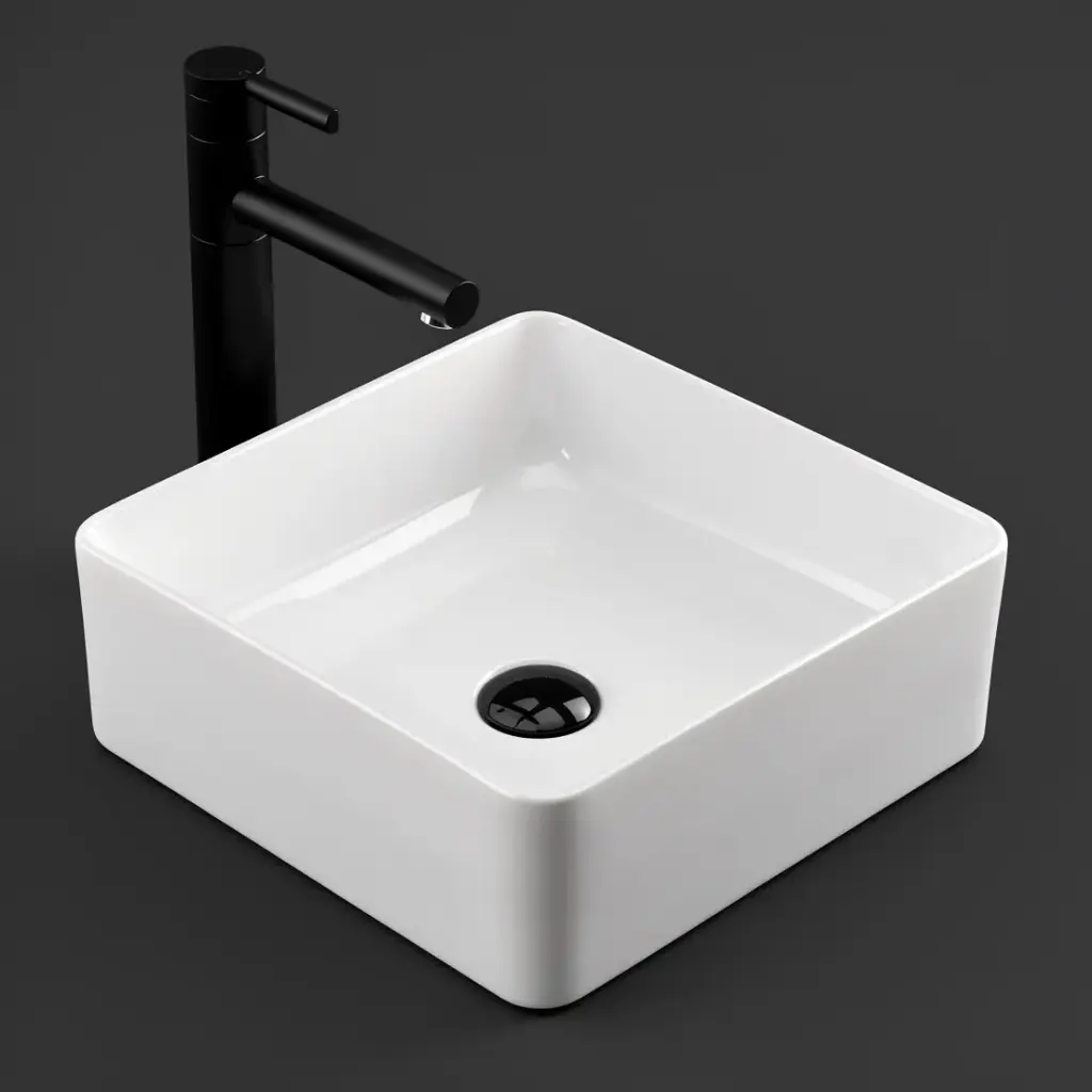370x370x135mm Square Gloss White Ceramic Above Counter Basin Non-overflow