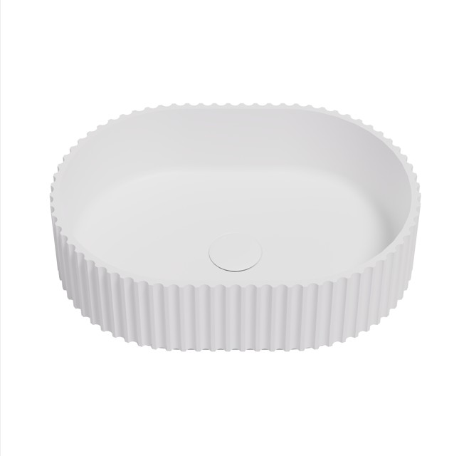 480*345*140mm Matt White Ellips Fluted Solid Surface Above Counter Basin 32mm Waste
