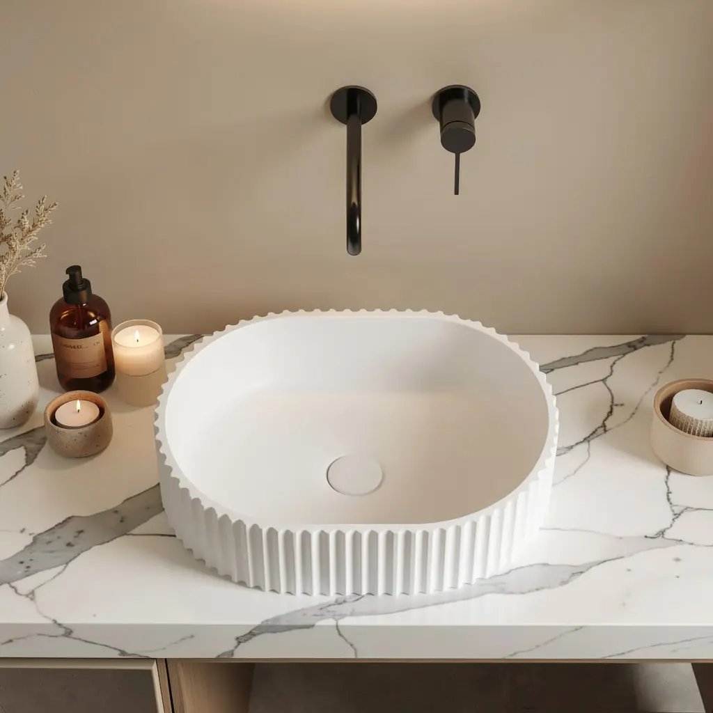 480*345*140mm Matt White Ellips Fluted Solid Surface Above Counter Basin 32mm Waste