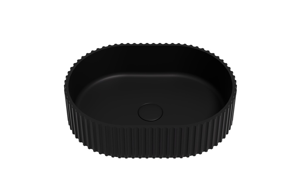 480*345*140mm Matte Black Ellips Fluted Solid Surface Above Counter Basin 32mm Waste