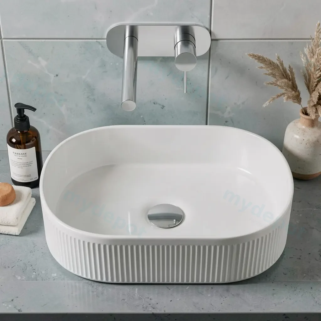 [90193/ACF490P] 490x310x130mm Pill Fluted Gloss White Ceramic Art Basin Above Counter Basin Non-overflow