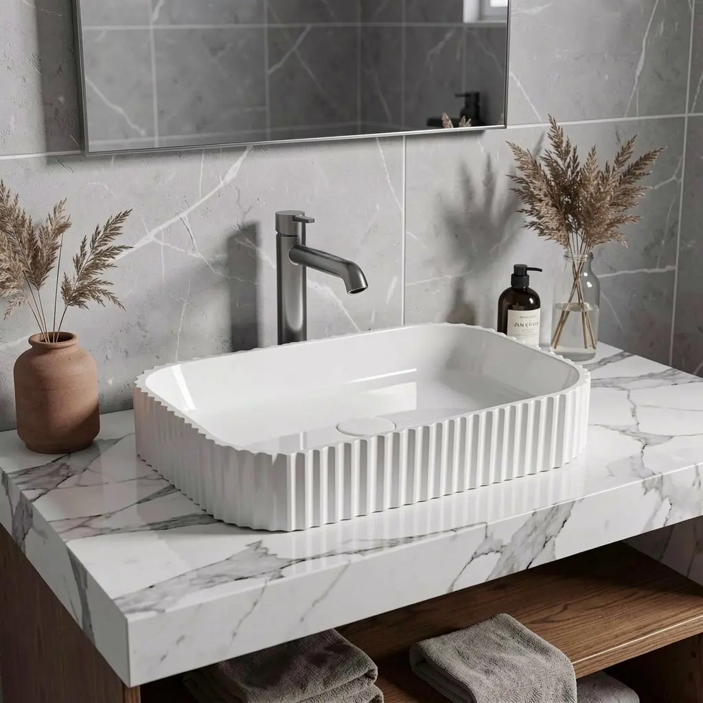 500*350*120mm Gloss White Japserfluted Solid Surface Above Counter Basin 32mm Waste