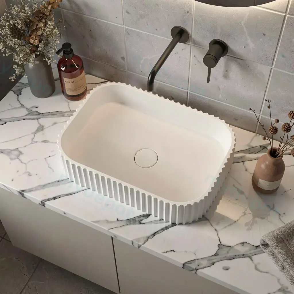 [55406] 500*350*120mm Matt White Japserfluted Solid Surface Above Counter Basin 32mm Waste