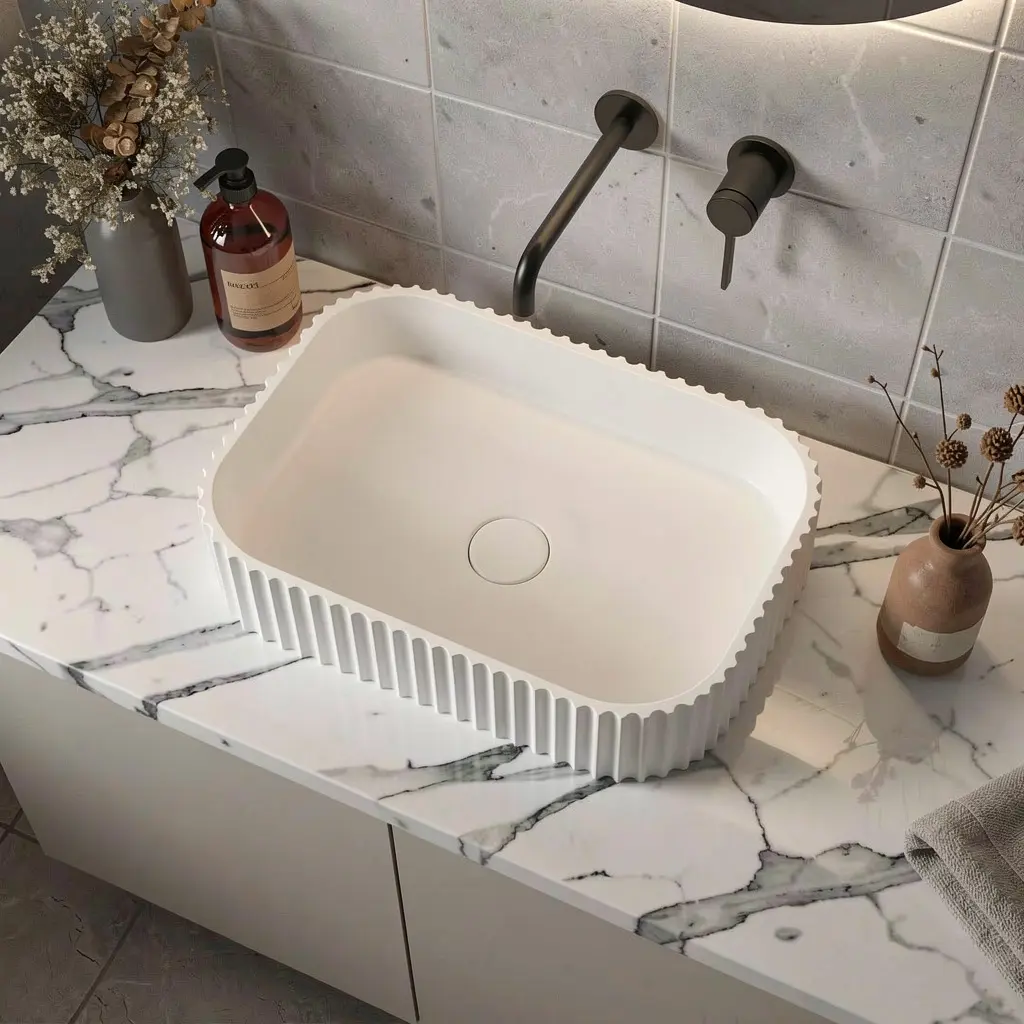 [55406] 500*350*120mm Matt White Japserfluted Solid Surface Above Counter Basin 32mm Waste