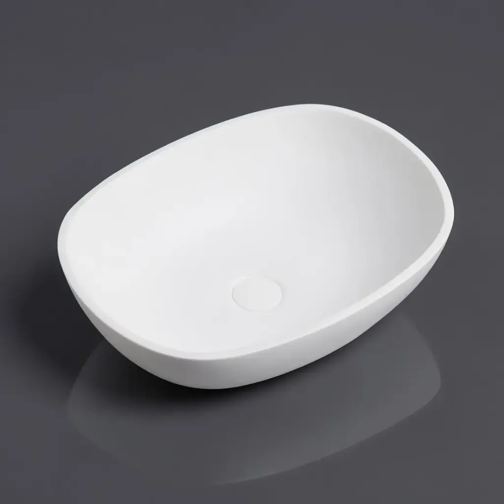 550*400*155mm Matt White Perry Solid Surface Stone Above Counter Basin 32mm Waste