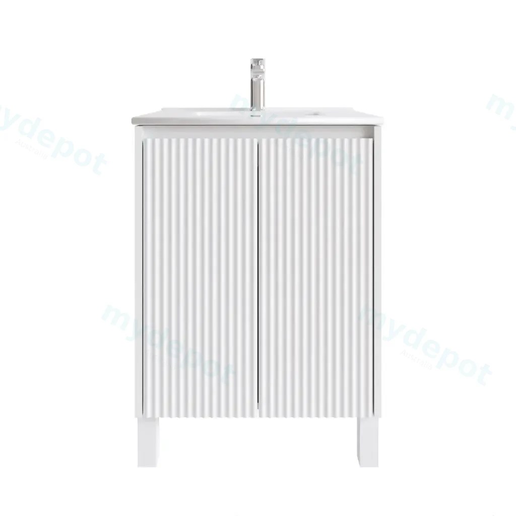 [92103/N-PVCKB64L-MW] 600mm Freestanding Bathroom Vanity Cabinet Only PVC 2 Door Fluted Matte White