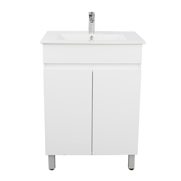 [50530] 600*350*710mm Freestangding Gloss White Slim PVC Vanity With Top 60S