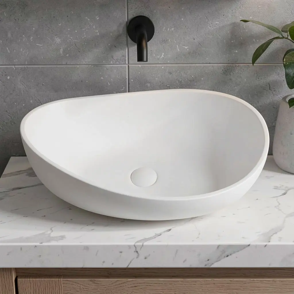 [55397] 600*370*190mm Matt White Waverton Solid Surface Stone Above Counter Basin 32mm Waste