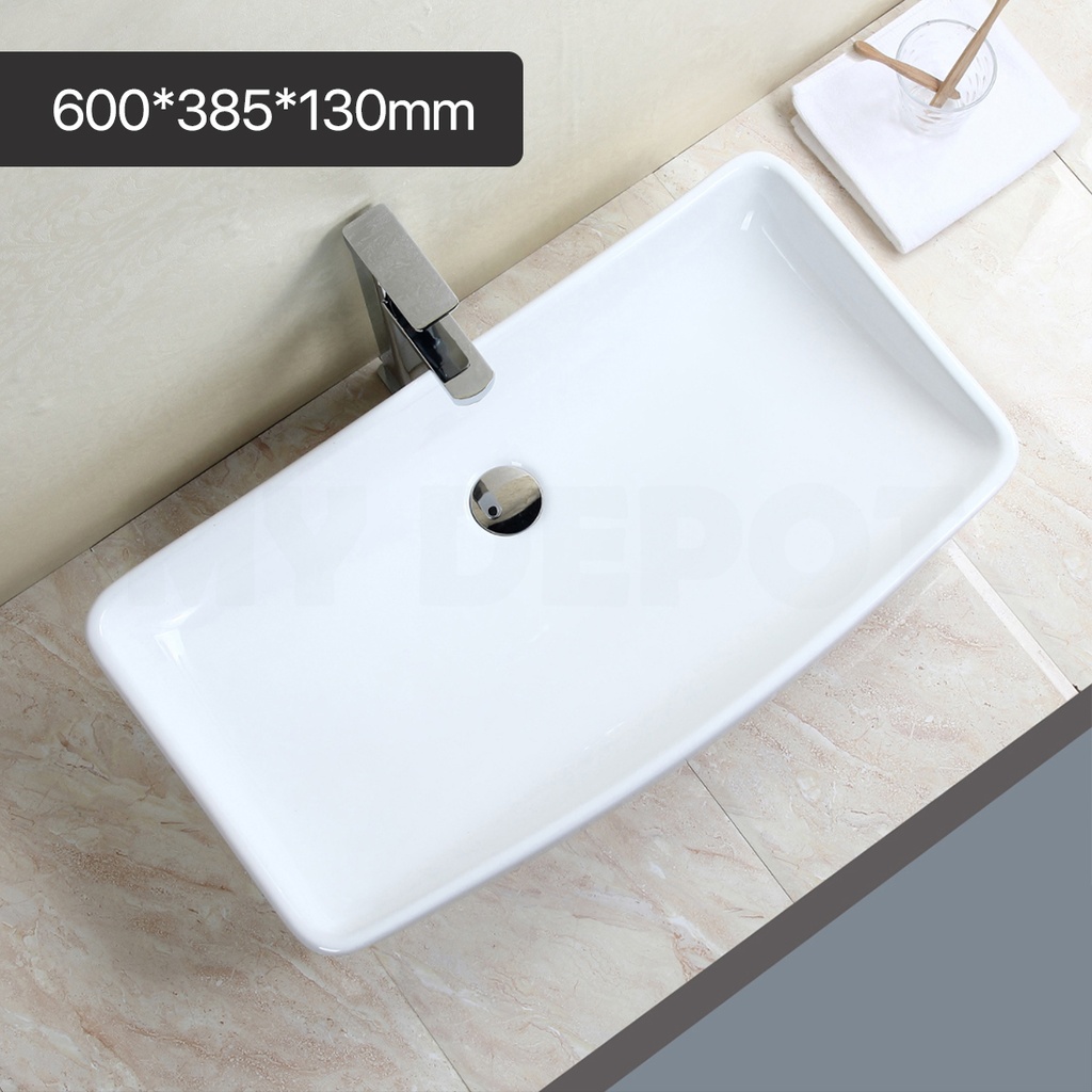 600*385*130mm Rectangle Gloss White Ceramic Above Counter Basin Non-overflow