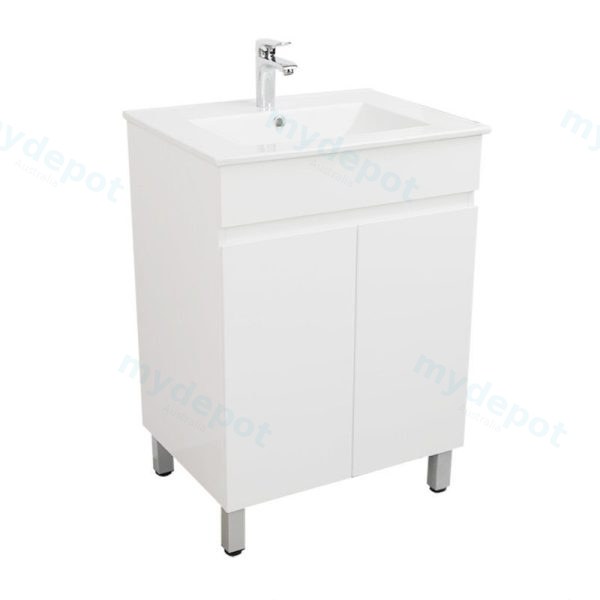 [50518] 600*450*710mm Freestangding Gloss White PVC Vanity With Ceramic Top