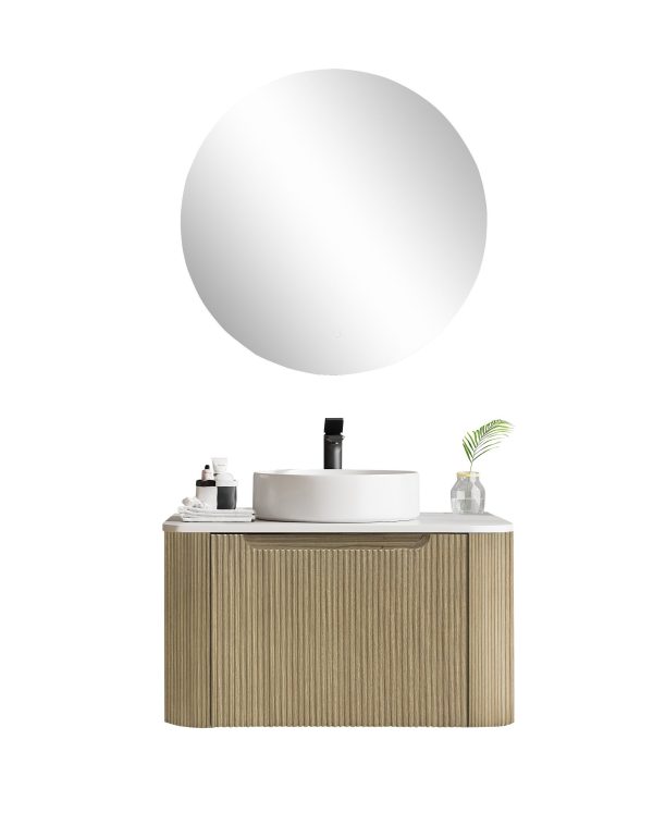 600*460*400mm Bur Oak Round Edge Grooved Wall Hung Vanity Cabinet Only Soft Closed Single Drawer