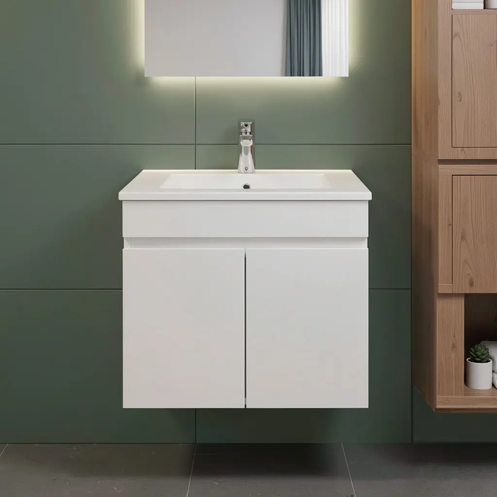 600Lx500Hx350Dmm Gloss White 2PAC MDF 2/DR Wall Hung Vanity