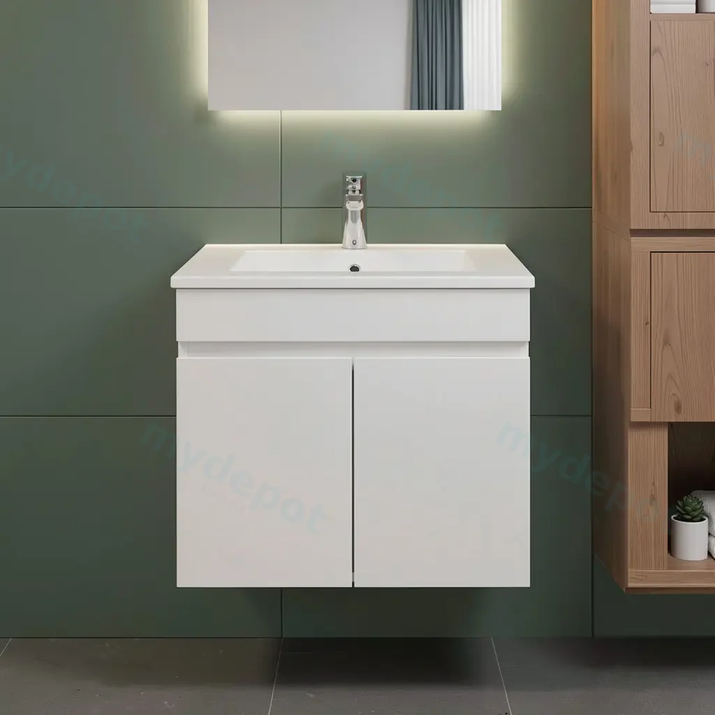[91001/M63W] 600mm Narrow Gloss White MDF 2 Doors Wall Hung Bathroom Vanity Cabinet Only