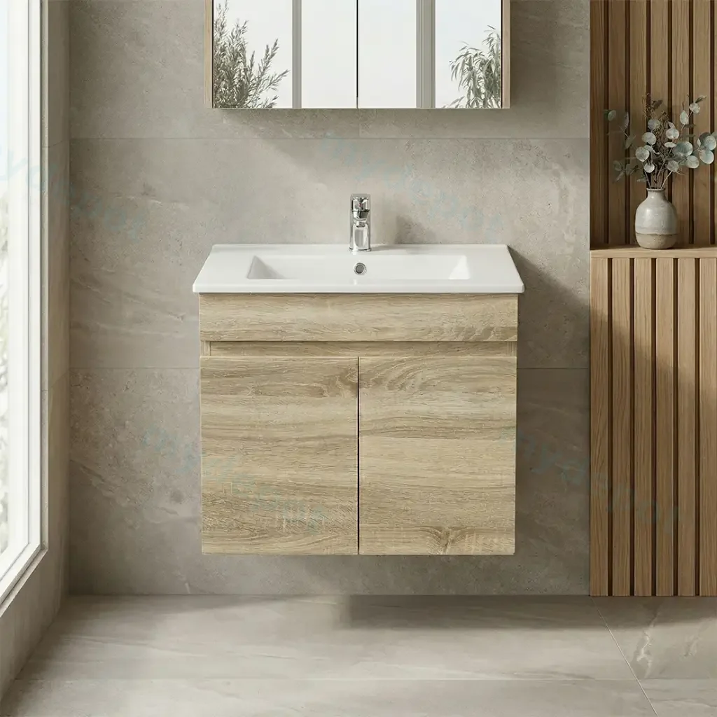 [93141/B64W-WO] 600mm White Oak MDF Wall Hung Bathroom Vanity Cabinet Only 2 Doors