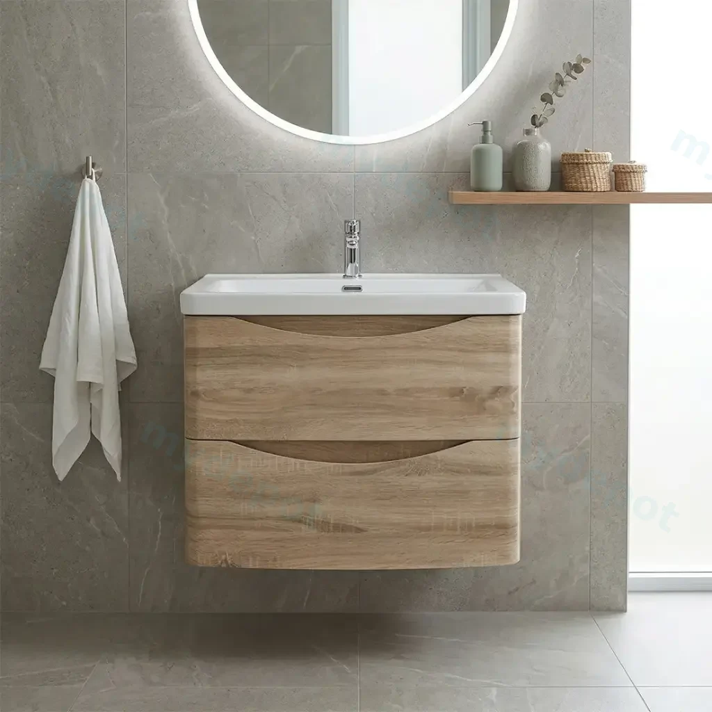 [93233/OW600WO] 600mm White Oak MDF Board with PVC Vacuum Filmed Two Drawers Curved Wall Hung Vanity Cabinet Only