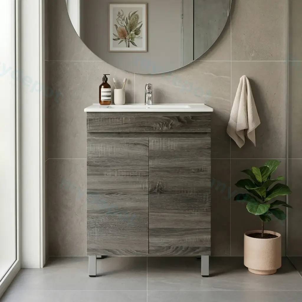 [93098/B63L-DG] 600mm Slim Dark Grey MDF Freestanding Bathroom Vanity Cabinet Only 2 Doors