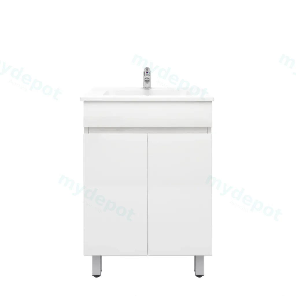[92002/PVC63L] 600mm Slim Freestanding Bathroom Vanity Cabinet Only with Legs PVC 2 Door Gloss White