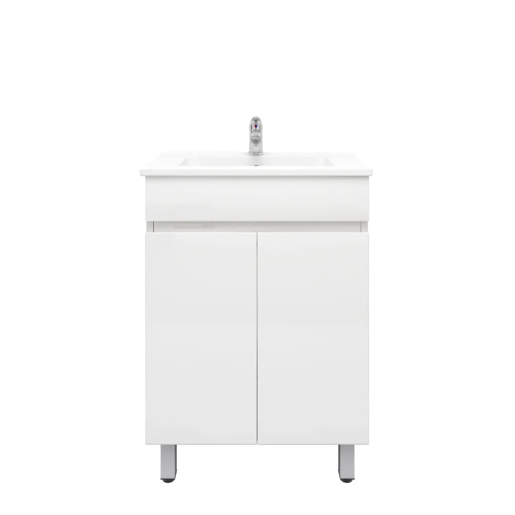 600mm Slim Freestanding Bathroom Vanity Cabinet Only with Legs PVC 2 Door Gloss White