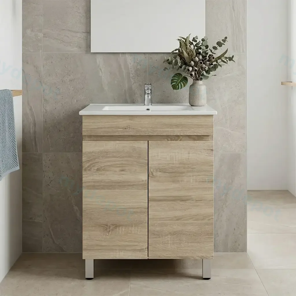 [93097/B63L-WO] 600mm Slim White Oak MDF Freestanding Bathroom Vanity Cabinet Only 2 Doors