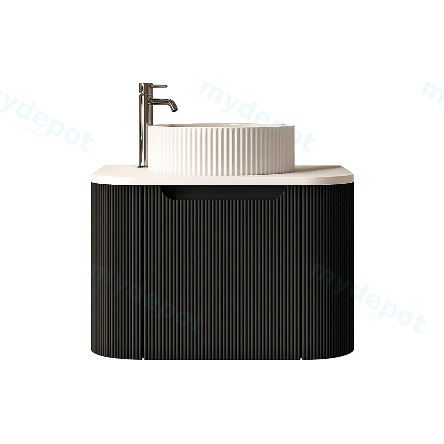 [50778] 600x460x400mm Rome Matt Black Round Edge Grooved Wall Hung MDF Vanity With White Quartz Stone Top One Door