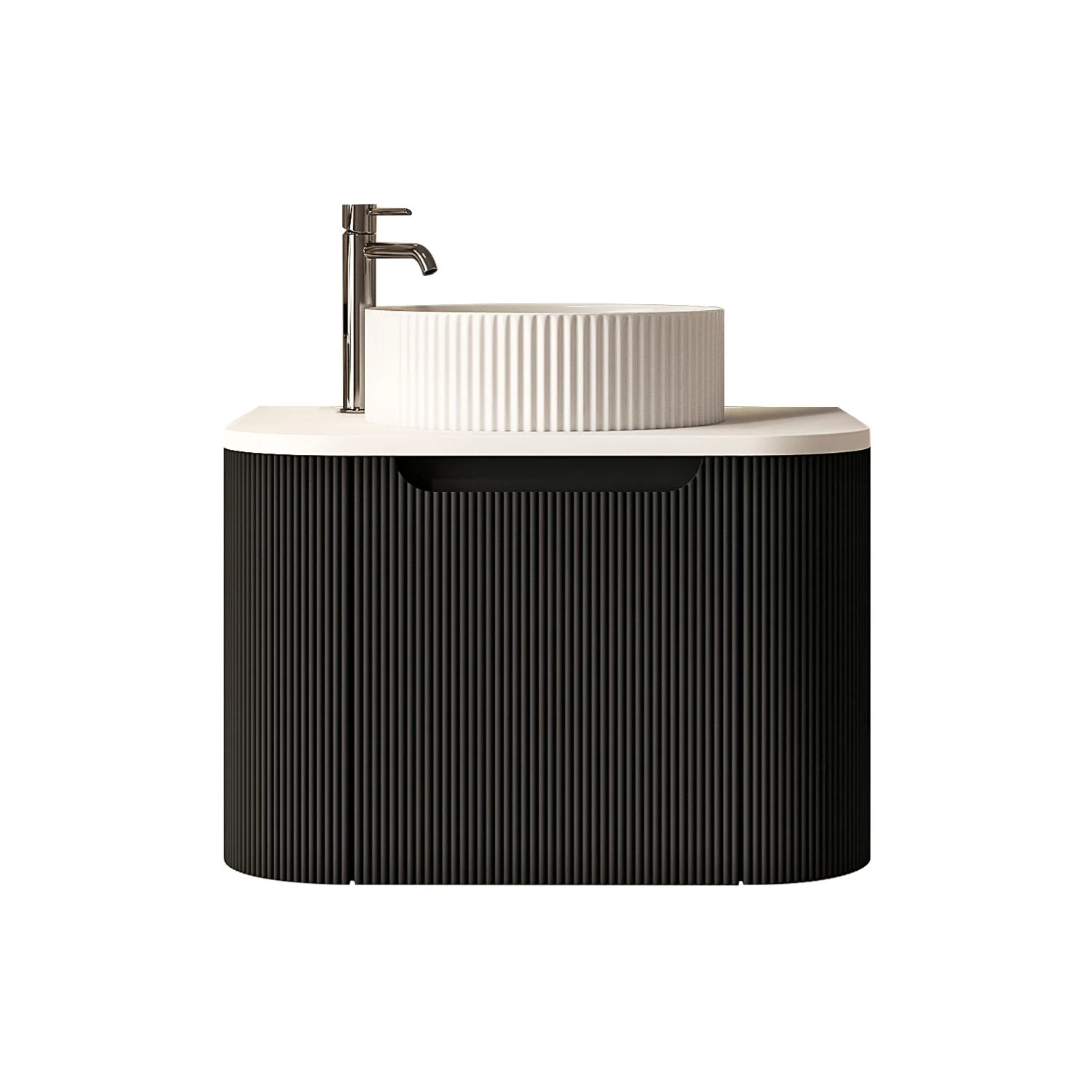 600x460x400mm Rome Matt Black Round Edge Grooved Wall Hung MDF Vanity With White Quartz Stone Top One Door