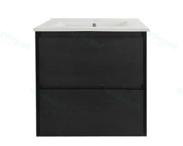[50753] 600x460x560mm Hera Black Oak Wall Hung MDF Vanity With Black Stone Top Two Soft Closing Drawers