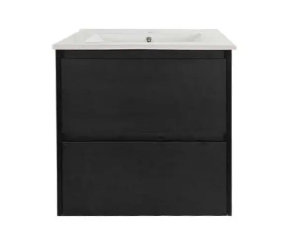 600x460x560mm Hera Black Oak Wall Hung MDF Vanity With Black Stone Top Two Soft Closing Drawers