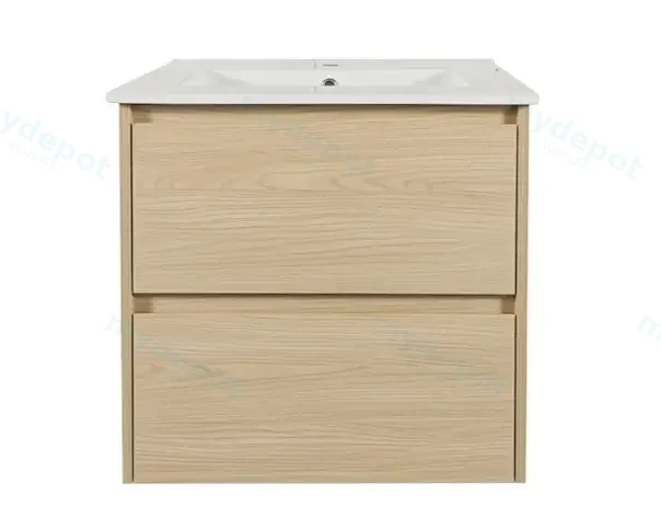 [50758] 600x460x560mm Hera Tas Oak Wall Hung MDF Vanity With Luna White Stone Top Two Soft Closing Drawers