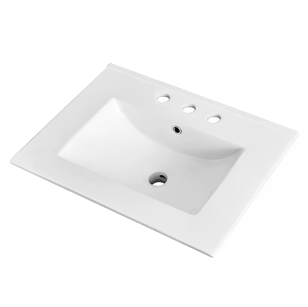 605*463*175mm Gloss White Crete Fine Ceramic Counter Top 3 Tap Hole Overflow,32mm Waste