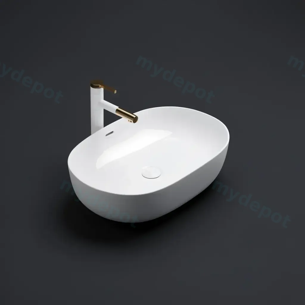 [55447] 610*420*155mm Gloss White Ellips Fine Ceramic Above Counter Basins Overflow,32mm Waste