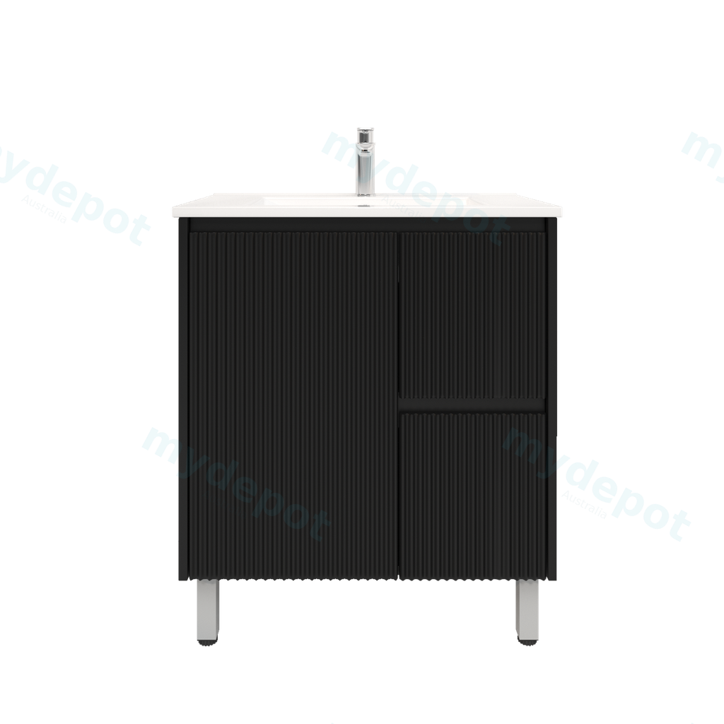 [92093/PVCKB74LR-MB] 750mm Brio Freestanding Bathroom Vanity Cabinet Only PVC Right Drawer Fluted Matte Black