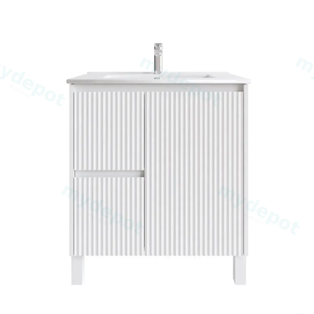 [92104/N-PVCKB74LL-MW] 750mm Freestanding Bathroom Vanity Cabinet Only PVC Left Drawer Fluted Matte White