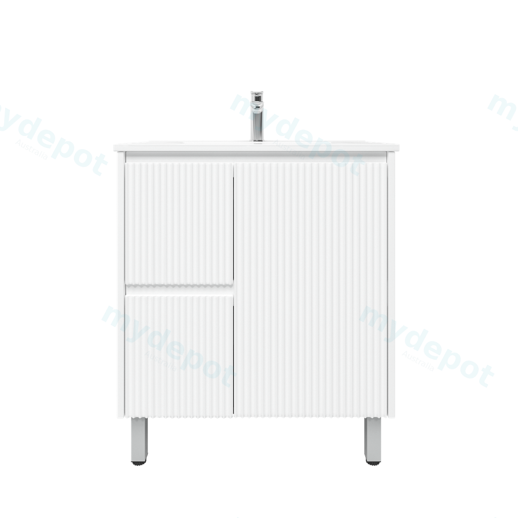 [92085/PVCKB74LL-MW] 750mm Brio Freestanding Bathroom Vanity Cabinet Only PVC Left Drawer Fluted Matte White