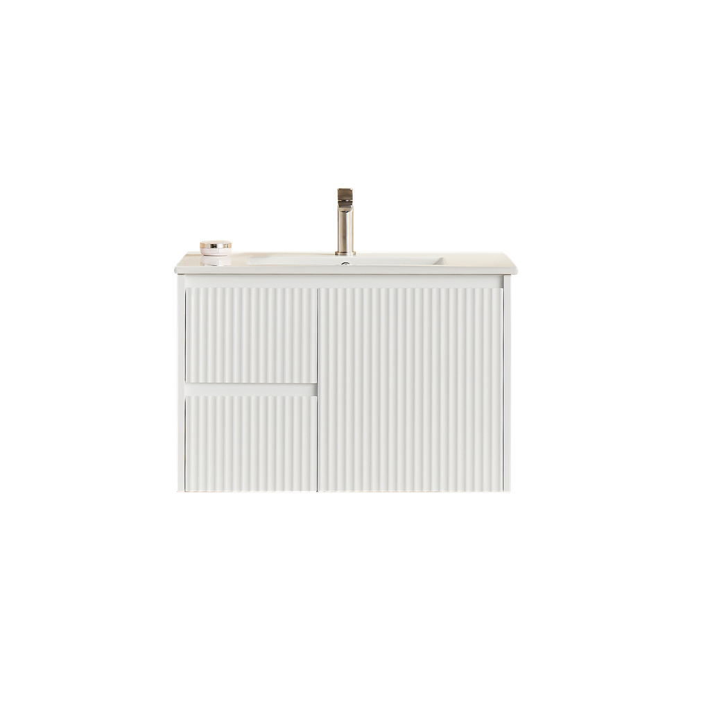 740X455X480mm Matte White Crete Modern Fluted Wall Hung Vanity PVC Cabinet,Left Hand Drawers