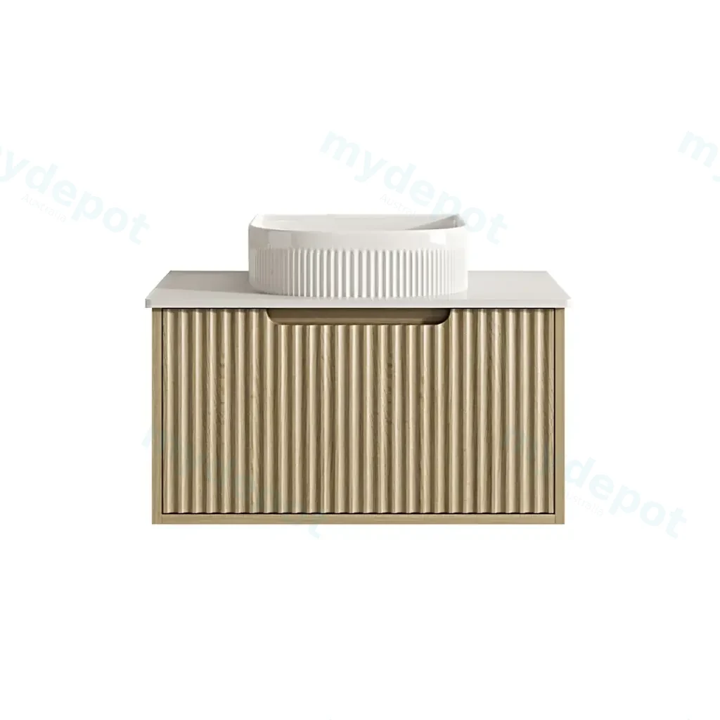 [50563] 740x455x390 Natural Oak Premium Straight Edge Wall Hung vanity With White  Stone Top