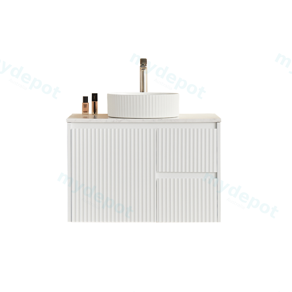 [56600] 740x455x480mm Matte White Crete Modern Fluted Wall Hung Vanity PVC Cabinet,Right Hand Drawers