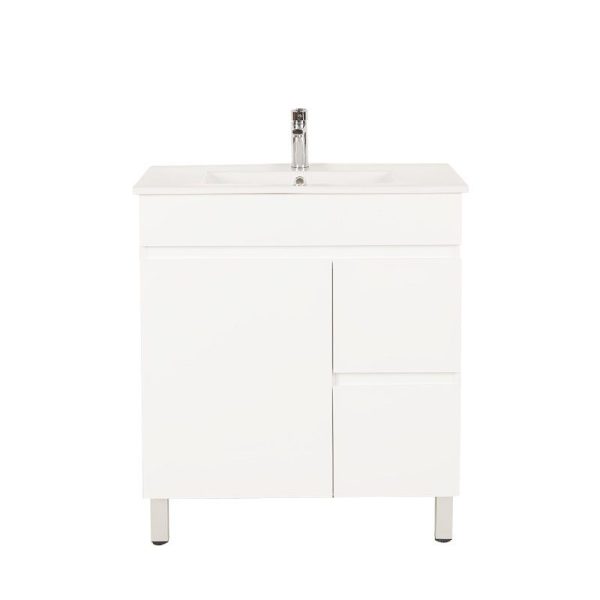[50521] 750*450*710mm Freestangding Gloss White PVC Vanity Right Drawer With Ceramic Top