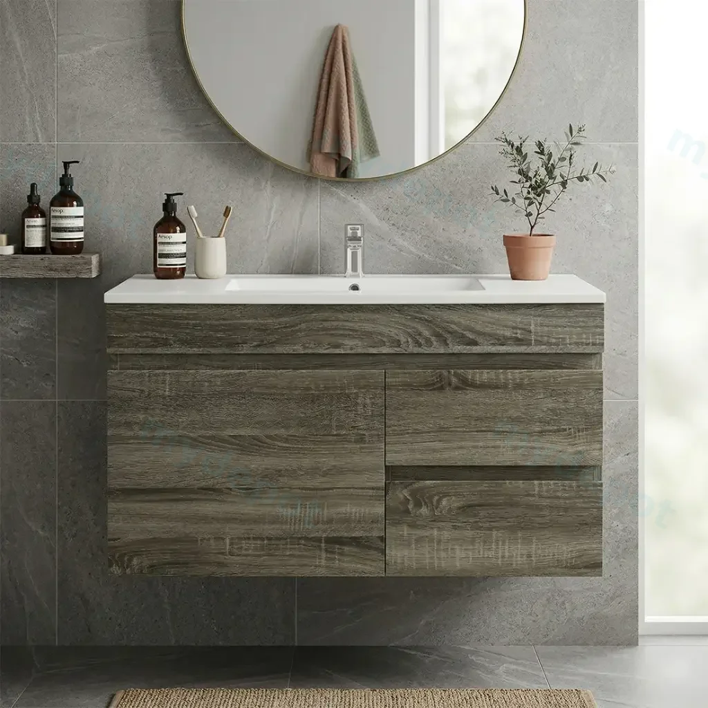 [93154/B73RW-DG] 750mm Slim Dark Grey MDF Wall Hung Bathroom Vanity Cabinet Only RightDrawer PVC Vacuum Filmed