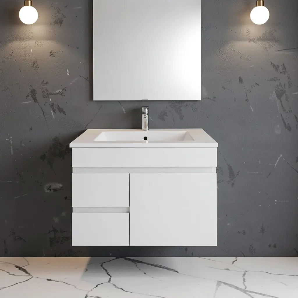 750Lx500Hx350Dmm Gloss White 2PAC MDF 2L/DW 1R/DR Wall Hung Vanity