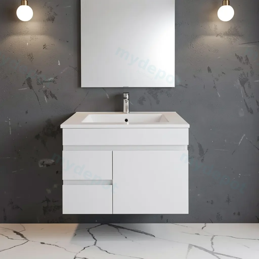 [91074/M73WL] 750mm Narrow Gloss White MDF 2 Left Drawers 1Right Door Wall Hung Bathroom Vanity Cabinet Only