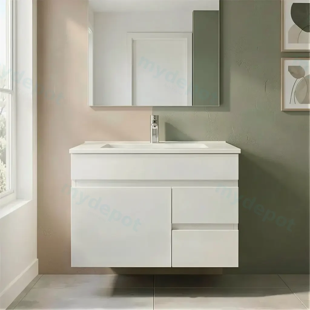 [91075/M73WR] 750mm Narrow Gloss White  MDF 2 Right Drawers 1 Left Door Wall Hung Bathroom Vanity Cabinet Only