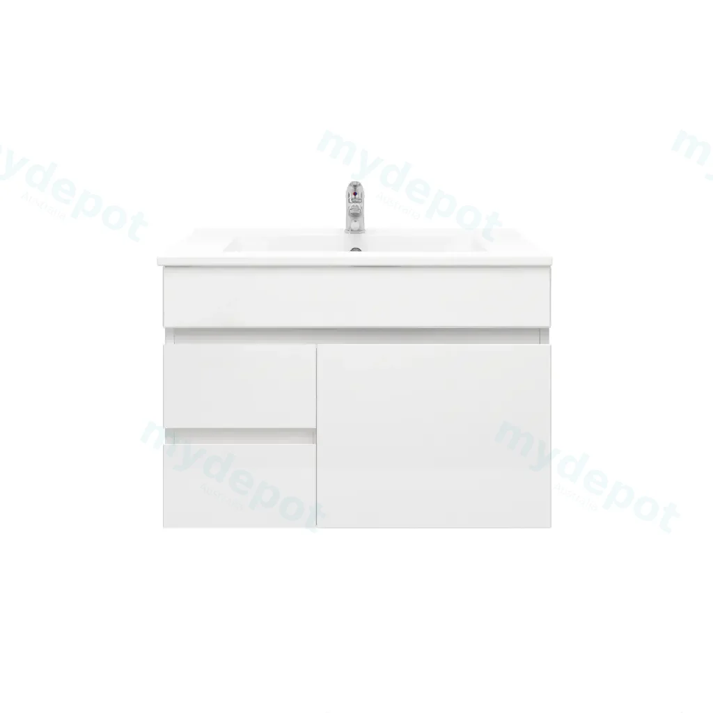 [92073/PVC73WL] 750mm Slim Wall Hung Bathroom Vanity Cabinet Only PVC Left Drawer Gloss White