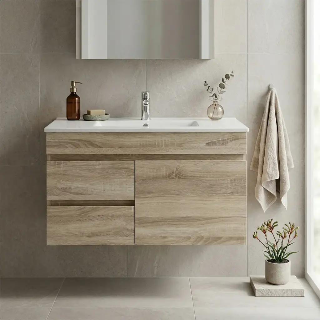 750mm Slim White Oak MDF Wall Hung Bathroom Vanity Cabinet Only Left Drawer PVC Vacuum Filmed