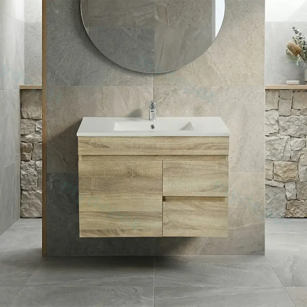 [93153/B73RW-WO] 750mm Slim White Oak MDF Wall Hung Bathroom Vanity Cabinet Only RightDrawer PVC Vacuum Filmed
