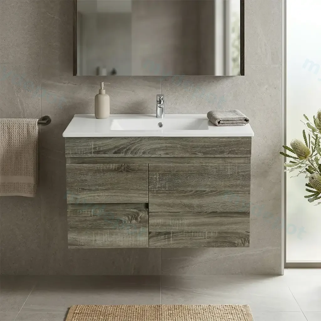 [93150/B74LW-DG] 750mm Dark Grey MDF Wall Hung Bathroom Vanity Cabinet Only Left Drawer PVC Vacuum Filmed